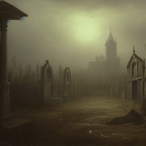 Haunted House with Ghostly Apparition in Graveyard