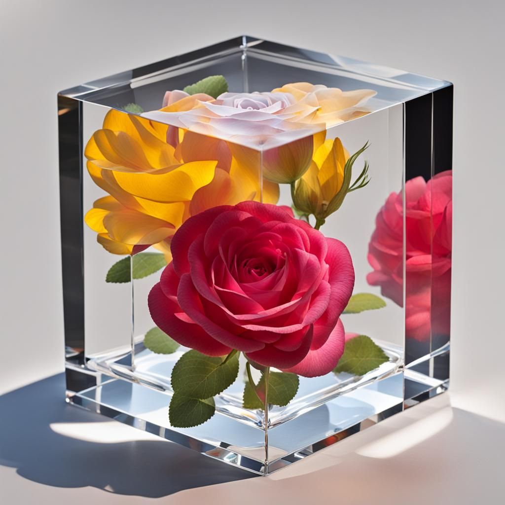 Yellow Rose Inside Transparent Crystal Cube