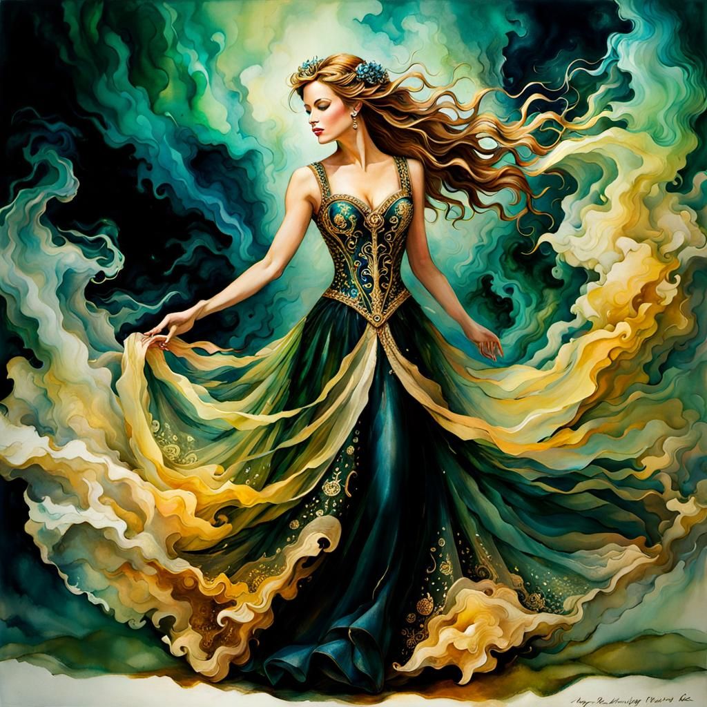 Ethereal Lovesick Girl Dancing in Watercolor Style