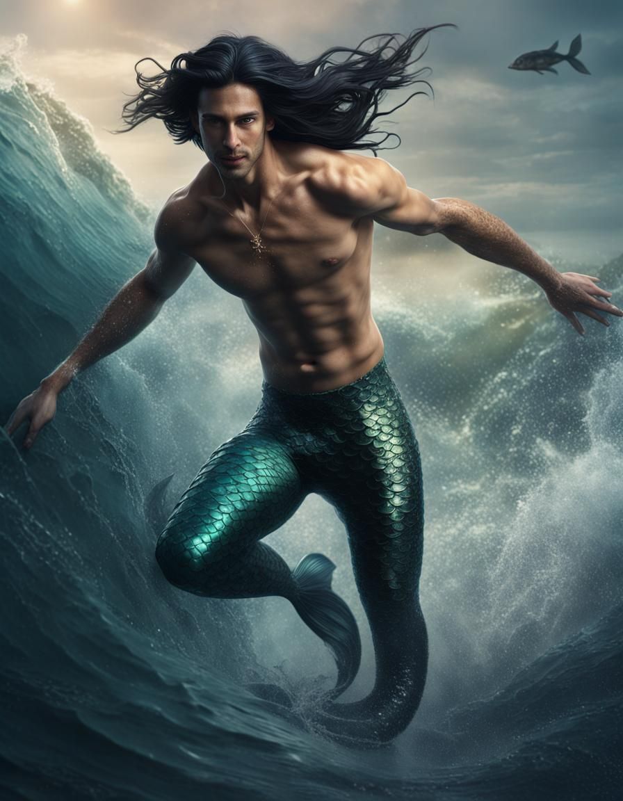 Male Mermaid Leaping from Sea: Detailed Fantasy Art
