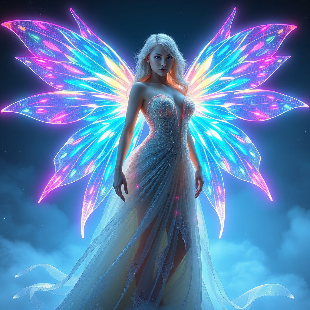 Luminous Fairy with Neon Wings in Futuristic Cityscape