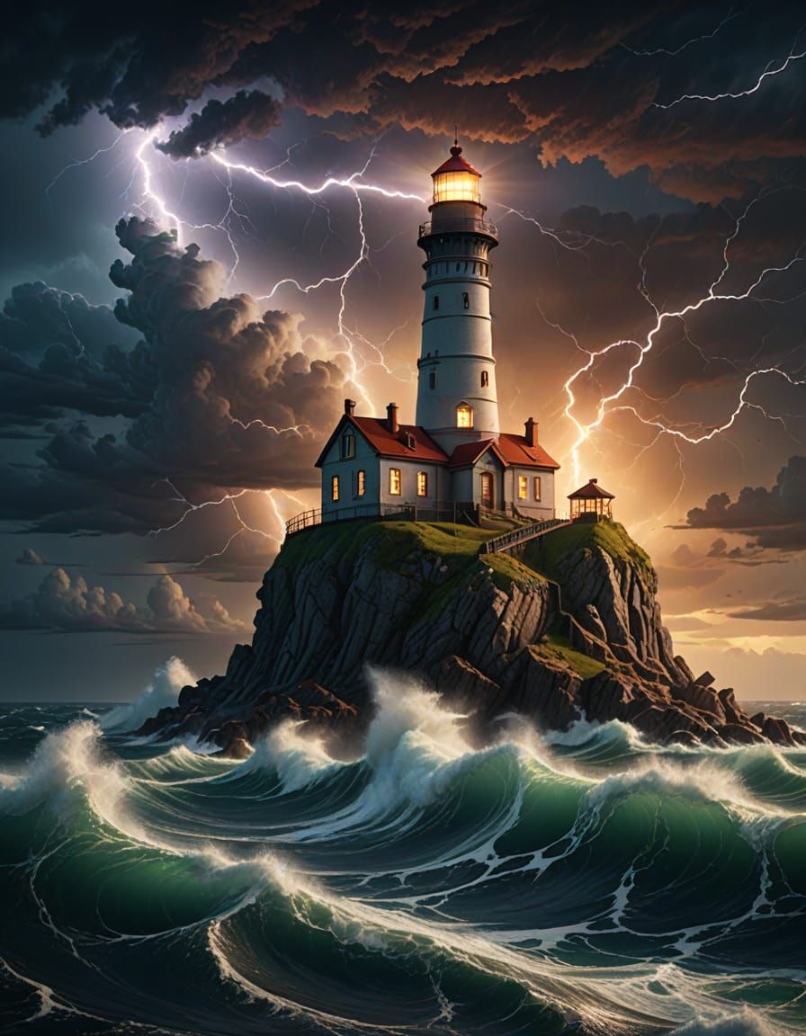 Luminous Stormy Isle Lighthouse in Impasto Style
