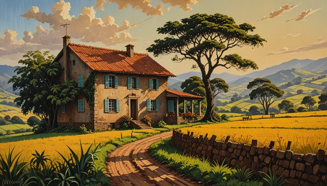 Oil Painting of Rustic Farmhouse in Vast Desert Landscape