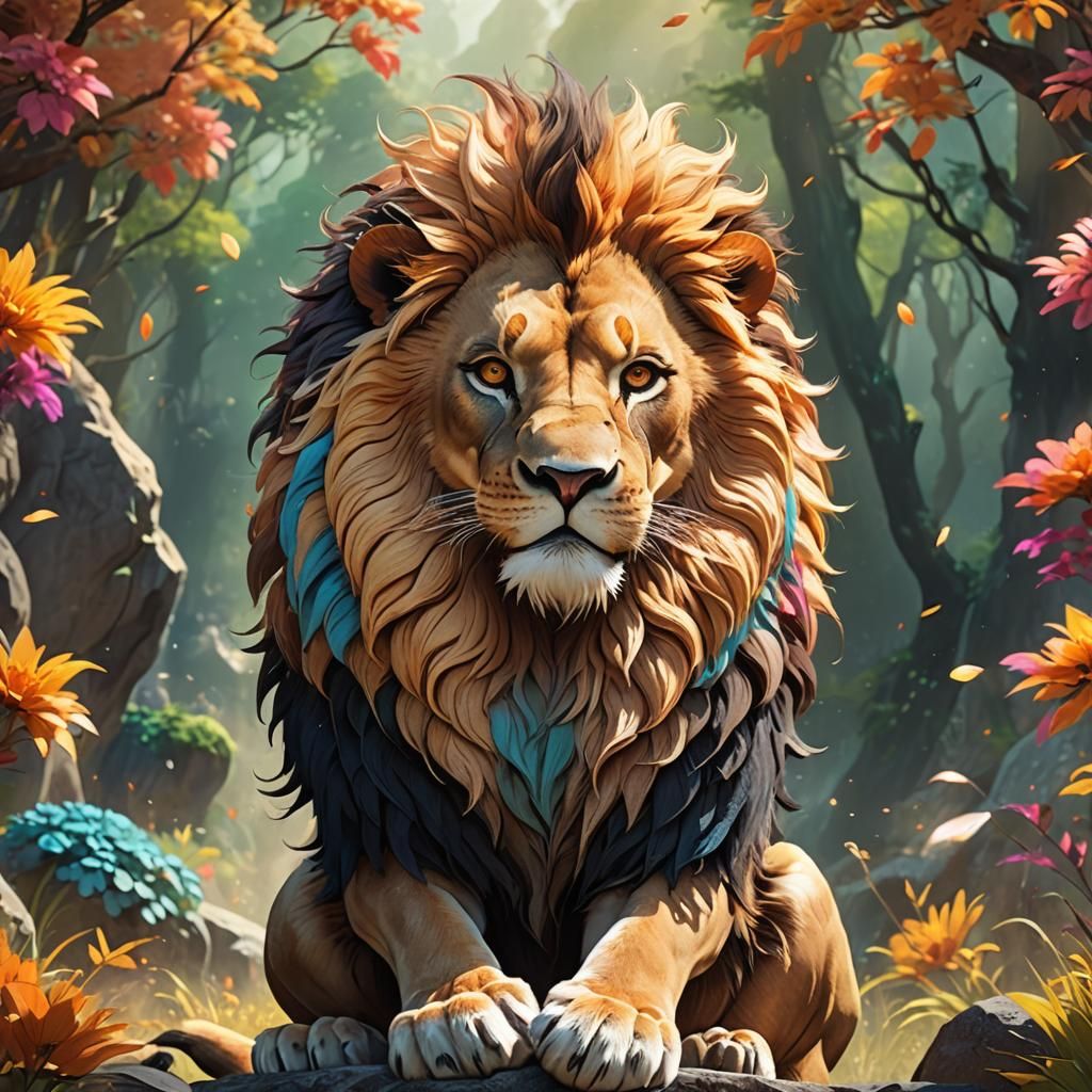 Majestic Cartoon Lion in Vibrant Anime Style