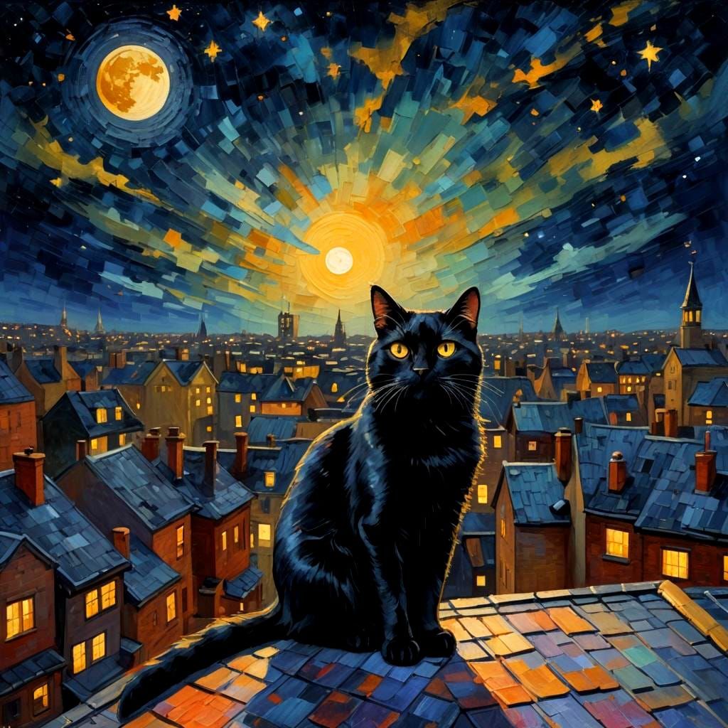 Black Cat on Roof in Impressionism Style