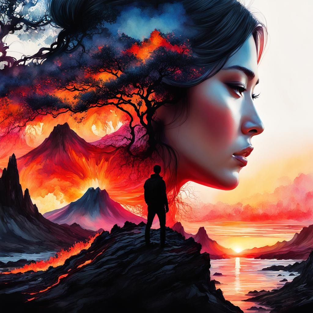 Dramatic Lava Flow in Digital Watercolor Illustration