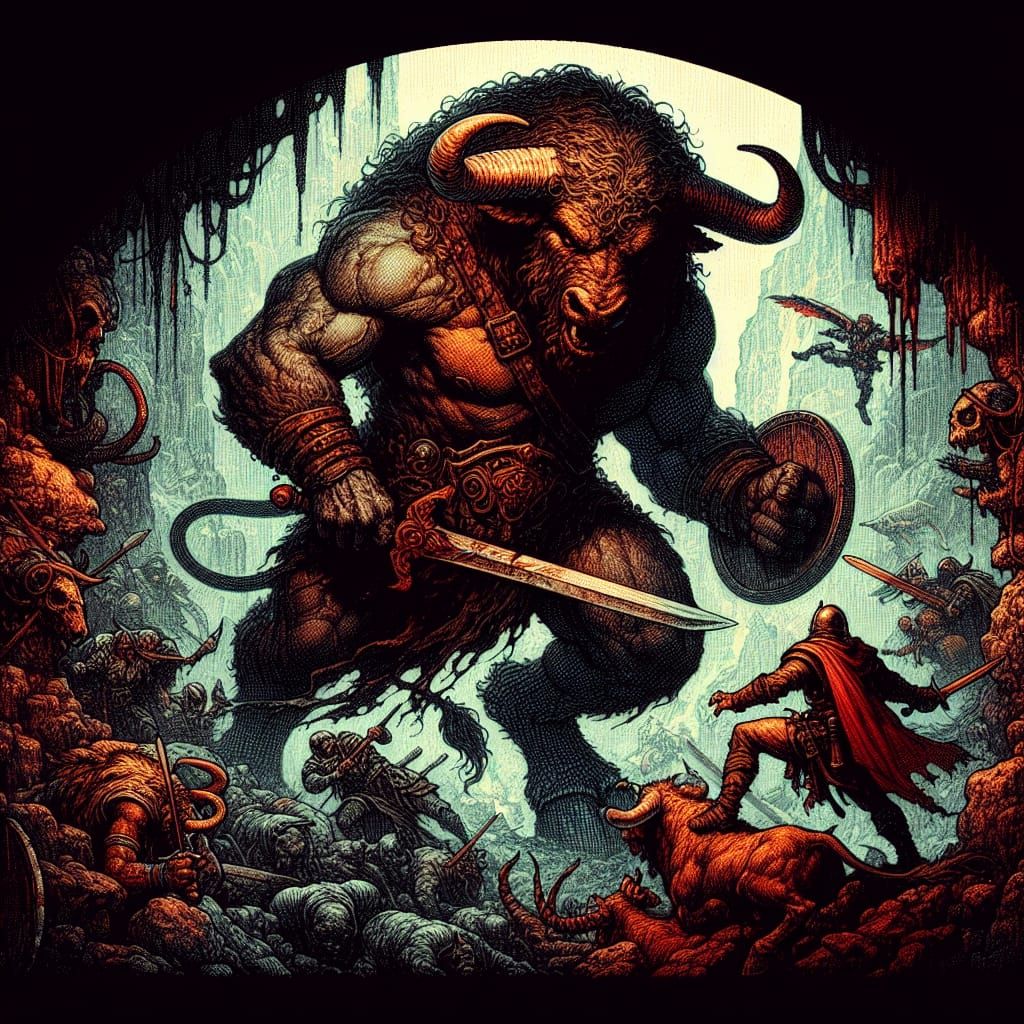 a big Minotaur berserk fighter, killing monsters in a dungeon of HeroQuest, a grimdark style, oldhammer art