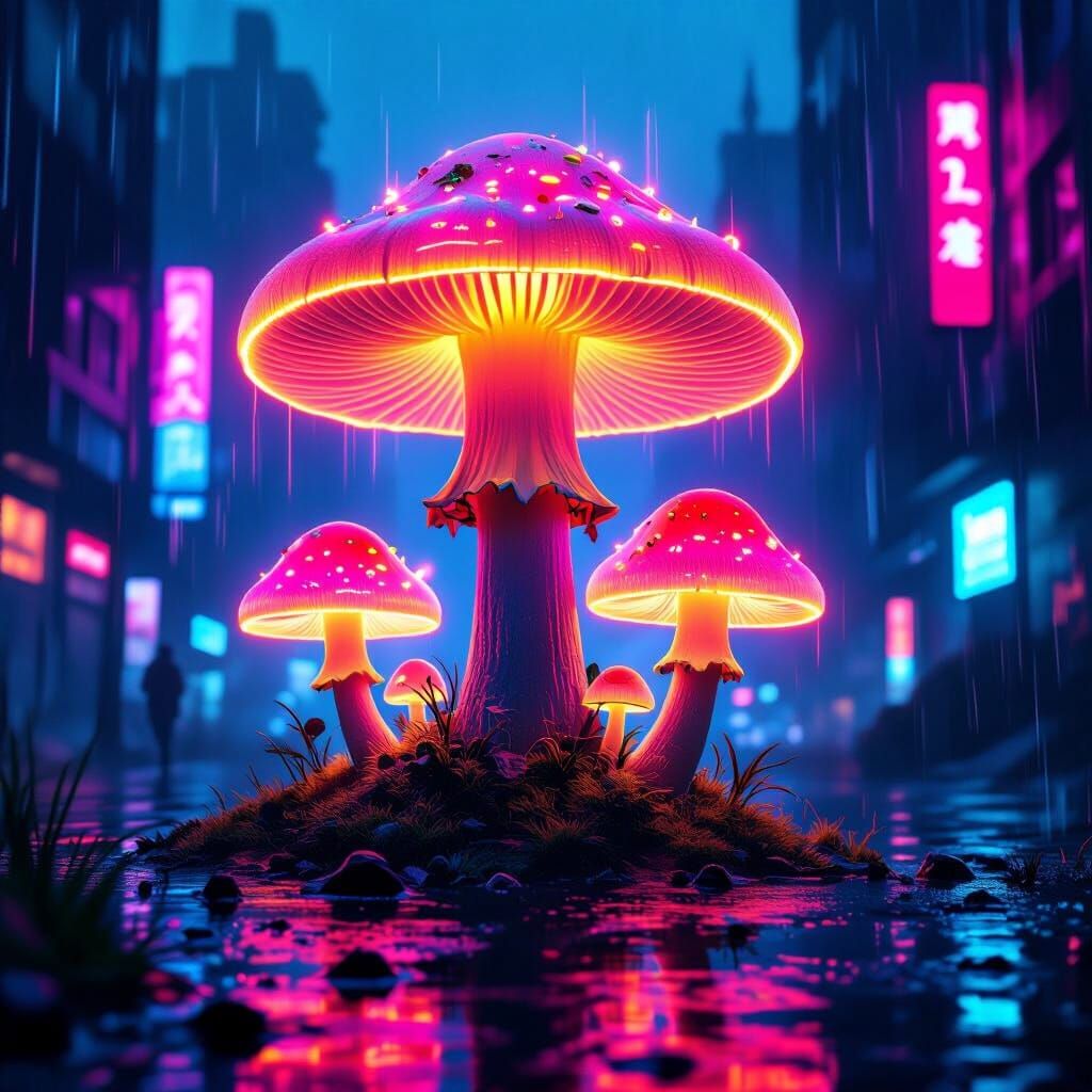 Cyberpunk Mushrooms with Bioluminescent Glow