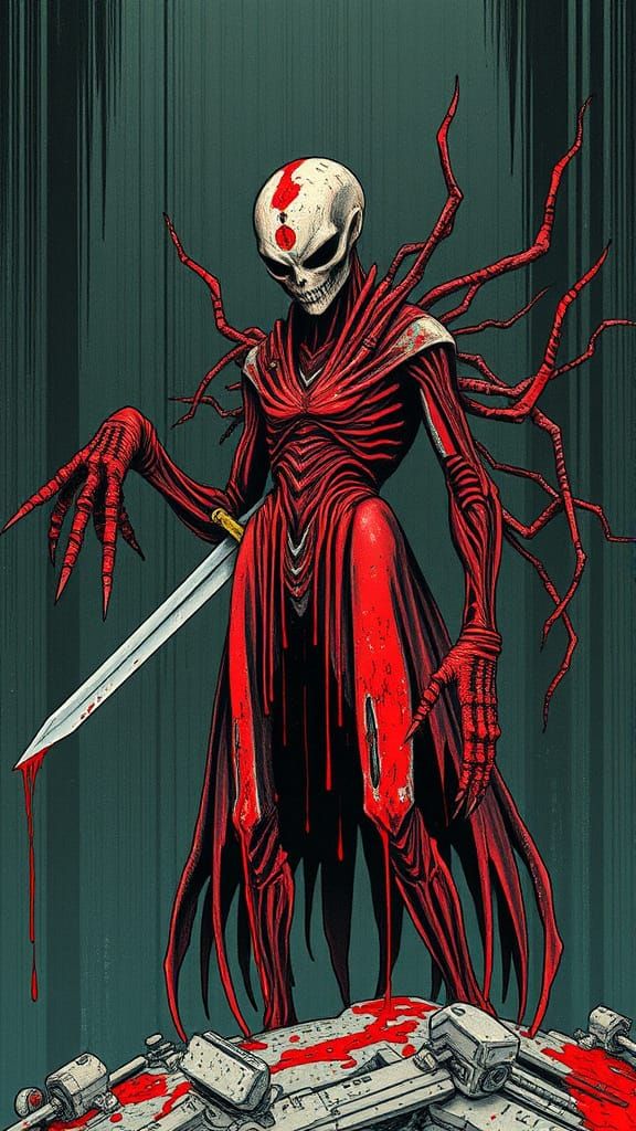 Glitchy Horror Figure in Junji Ito's World, Trapped by Blade