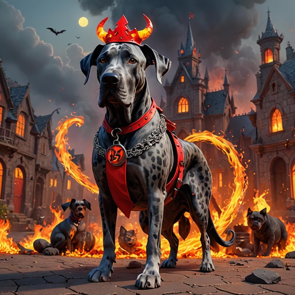 Devil Dog Great Dane in Hellscape: 3D Cartoon
