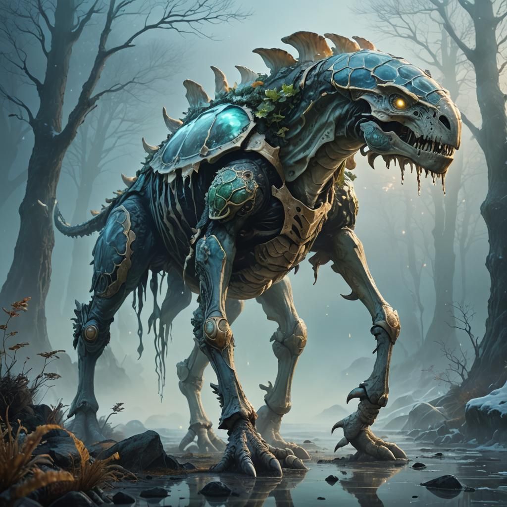 Mushroom-Skinned Quadruped in Misty Prehistoric Landscape