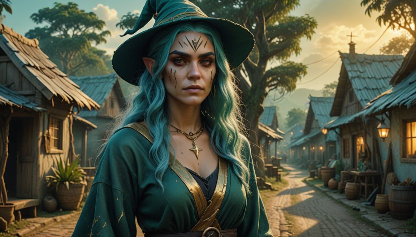 Evolved Witch in Forest Green and Gold, Digital Art