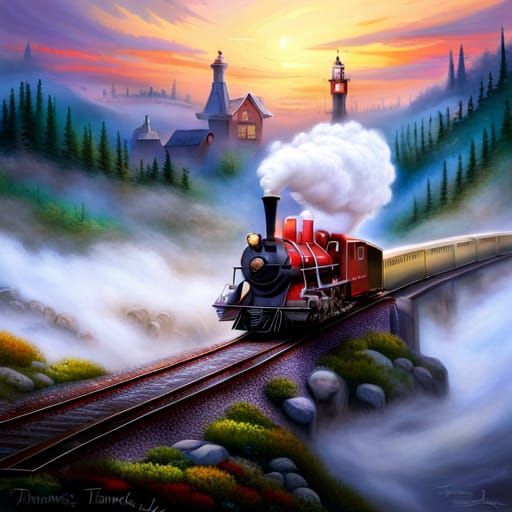 Foghorn Leghorn Triumphant on Train in Ethereal Mist