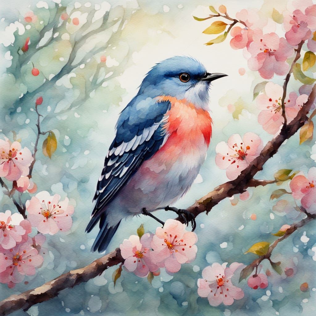 Surreal Watercolor Masterpiece of a Bird in Cherry Blossom C...