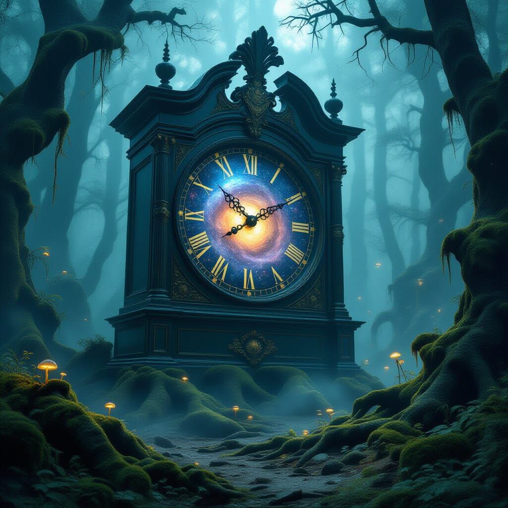 Cosmic Grandfather Clock in Enchanted Forest