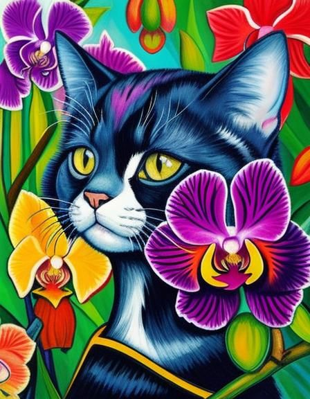 Cat and Orchids in Fauvism Style