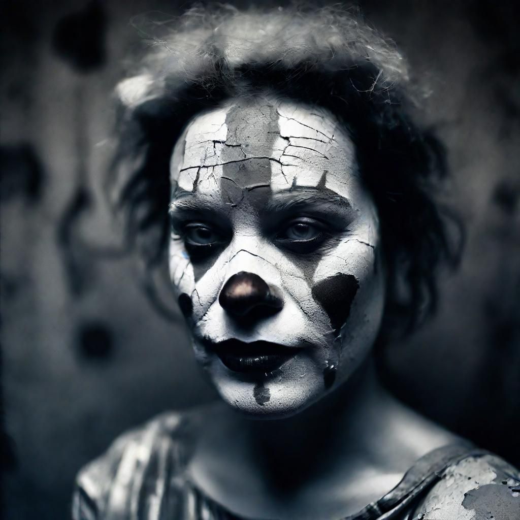 Surreal Grayscale Clown Portrait: Melancholy of Decay