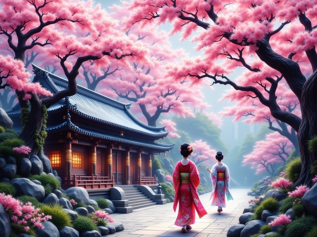 Geisha Dancers in Cherry Blossom Temple Courtyard
