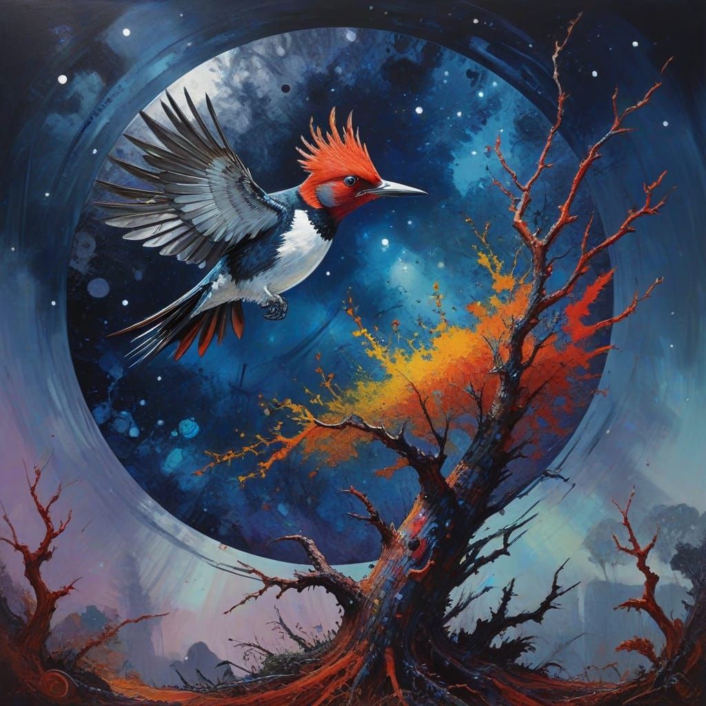 Vibrant Woodpecker Leaps Across a Whimsical Moonscape