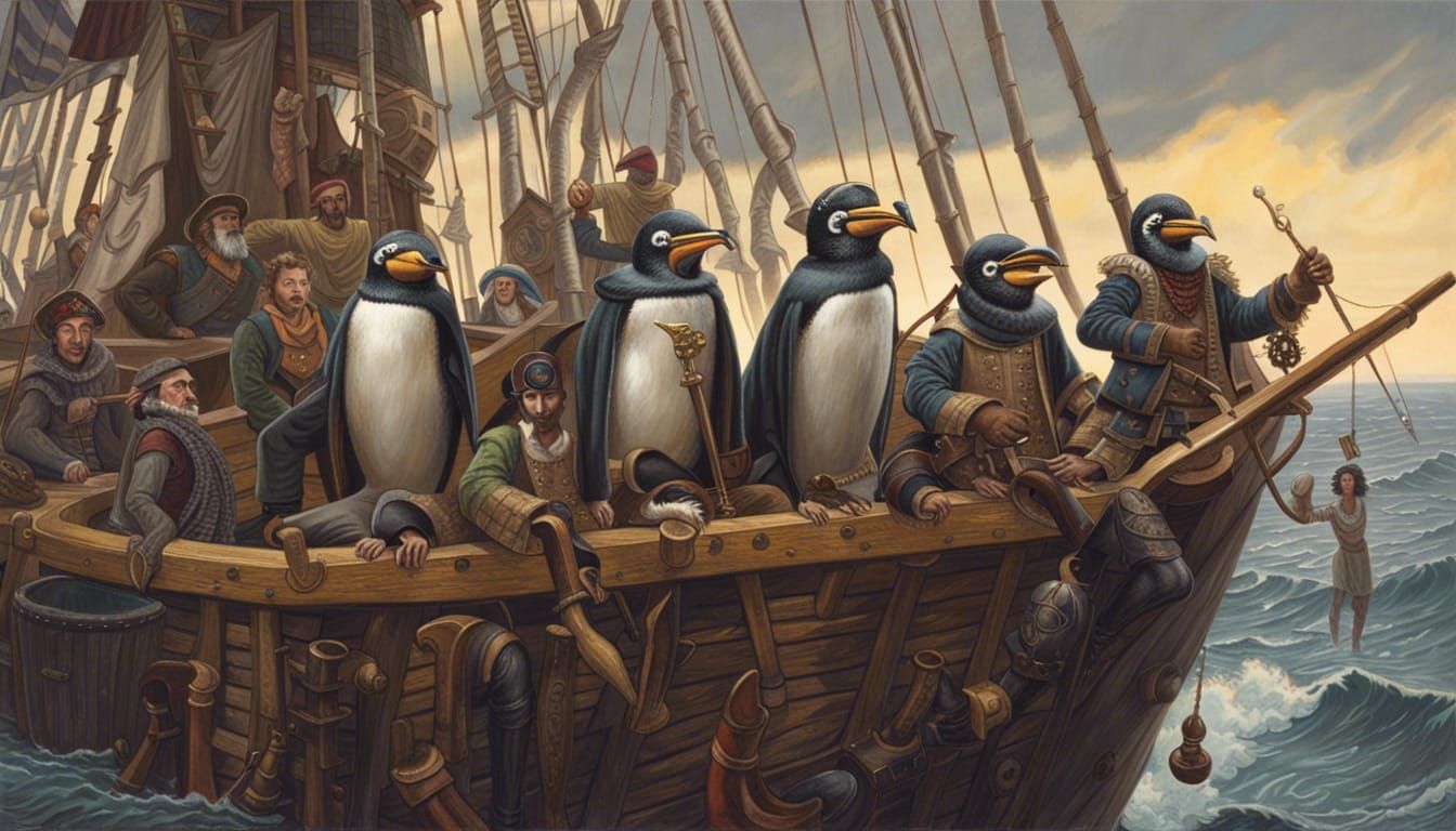 Penguin Pirates on a Medieval Ship as Oil Painting