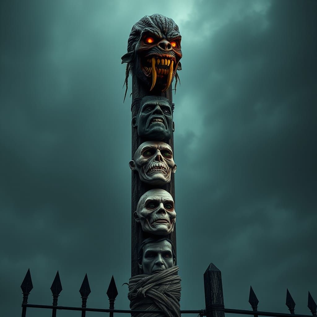 Monster Masks Guarding Gatepost, Gothic Horror Art