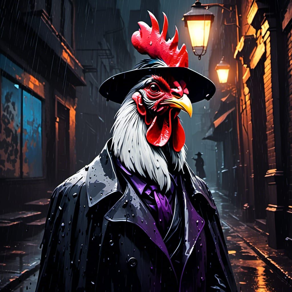 Film Noir Rooster in Rainy City Alleyway