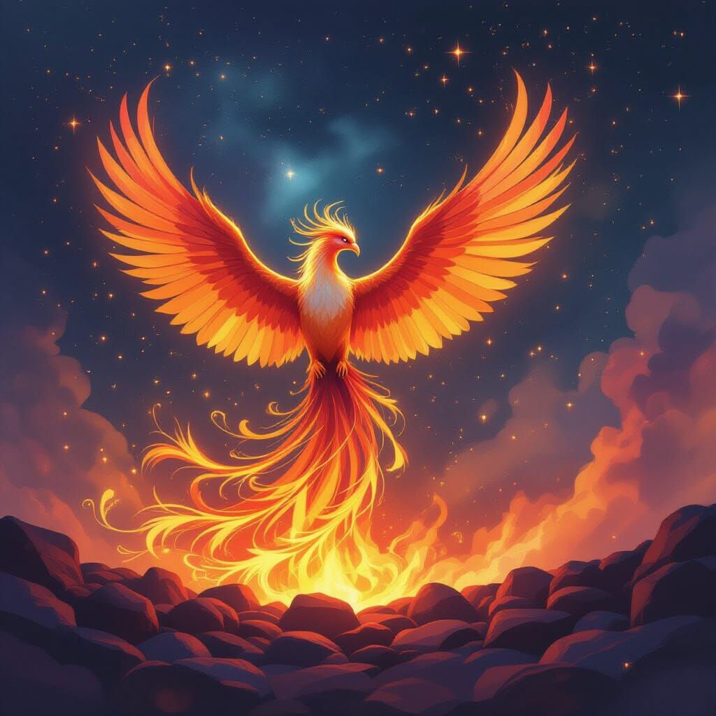 Majestic Phoenix Rises from Embers in Sunset Colors