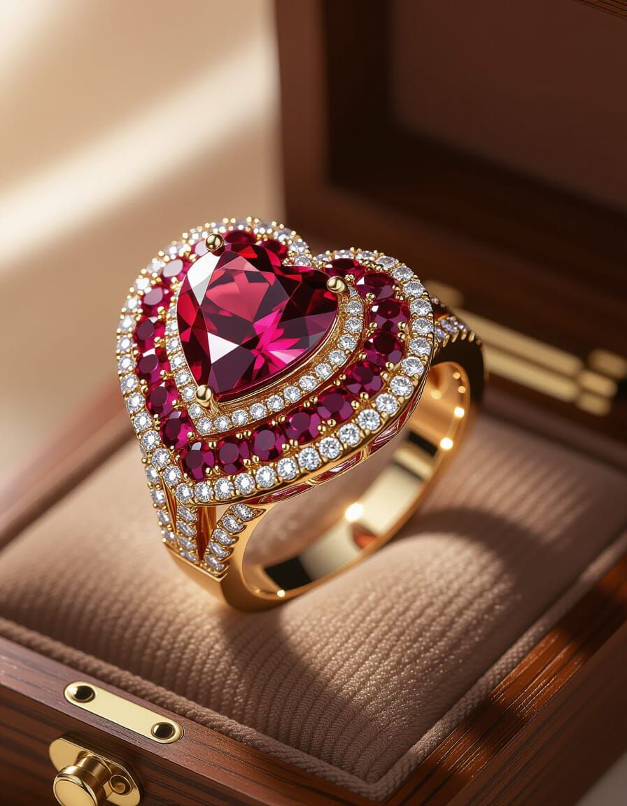 Intricate Ruby and Diamond Heart Ring in 3D Style