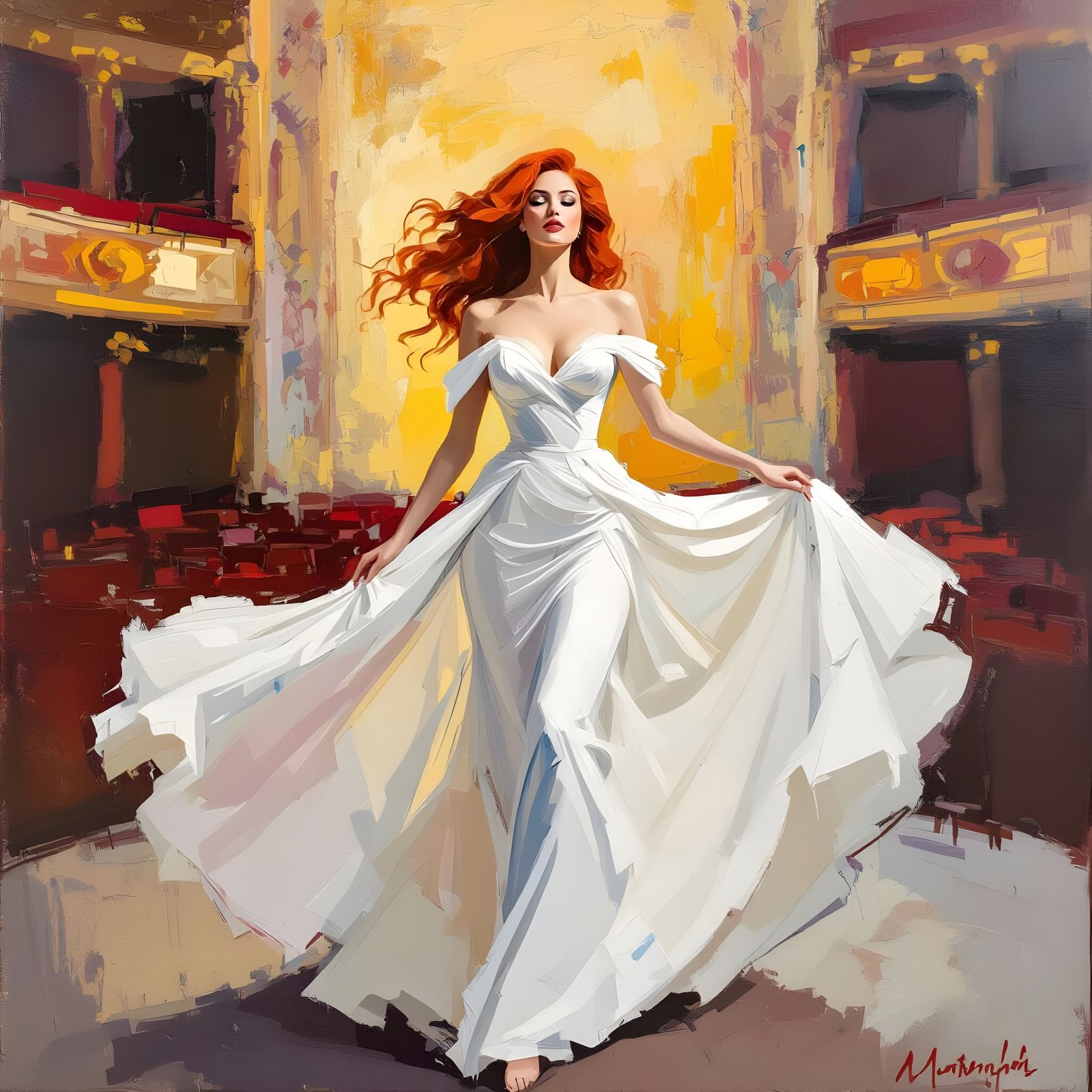 Redhead in Opera House, Abstract Expressionist Impasto
