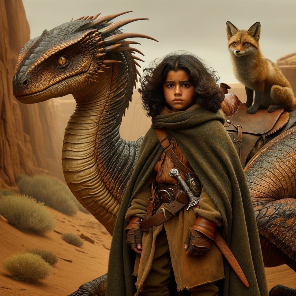 Hispanic Girl on Reptile Creature with Dune Fox