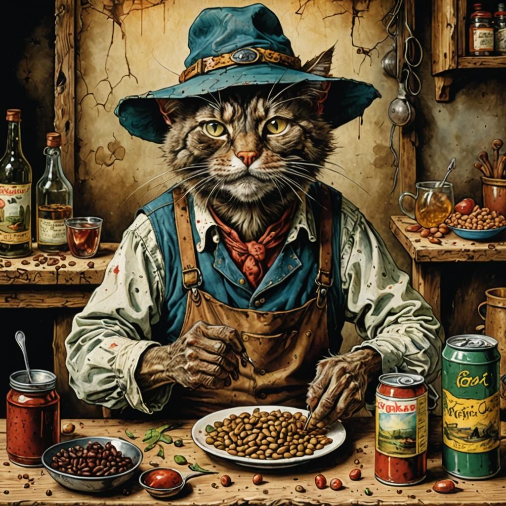 Emancipated Gnarly Old Farmer Tomcat sitting at a table eating beans from a can