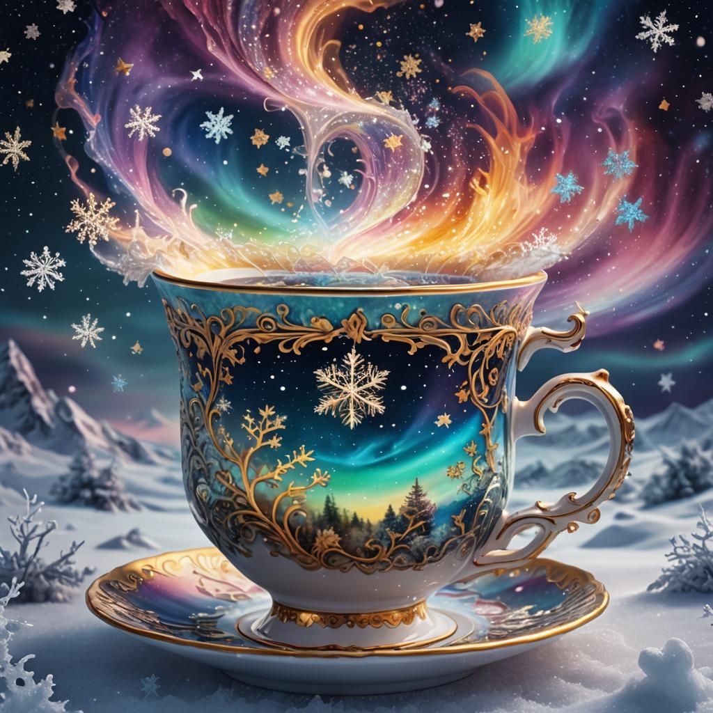 Cosmic Winter Landscape in Antique Teacup