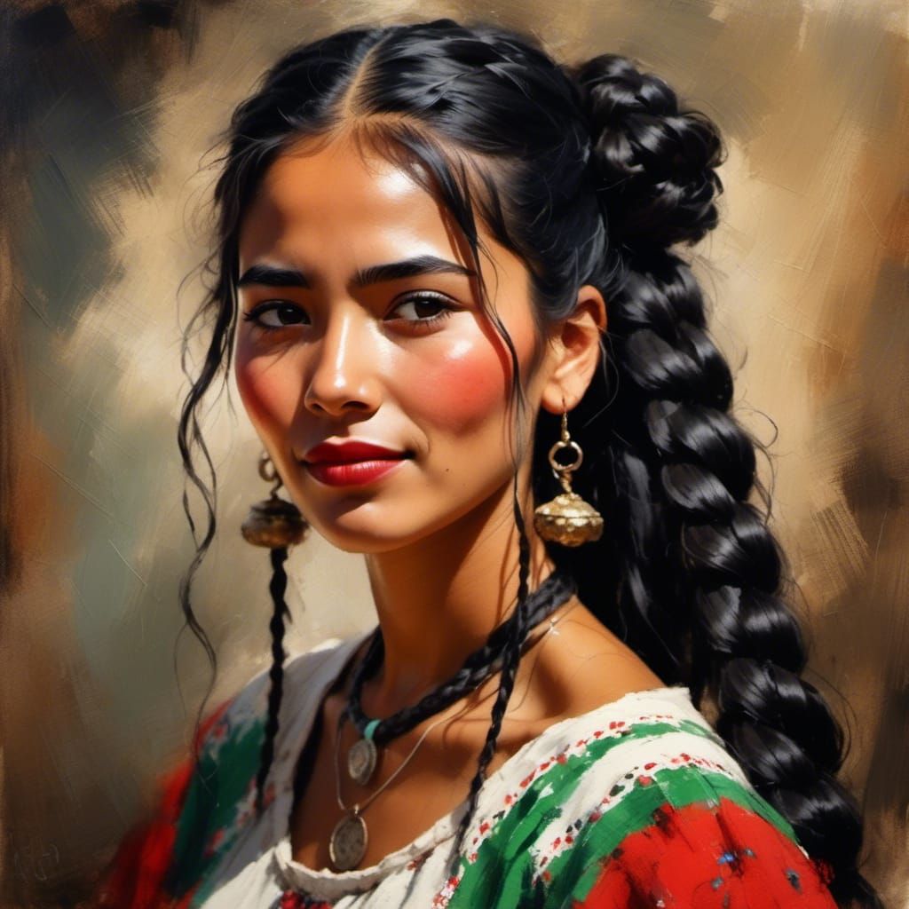 Portrait of a Mexican Woman with Braids