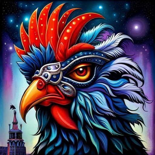 Circus Rooster in Venetian Mask, Hyper-realistic Art