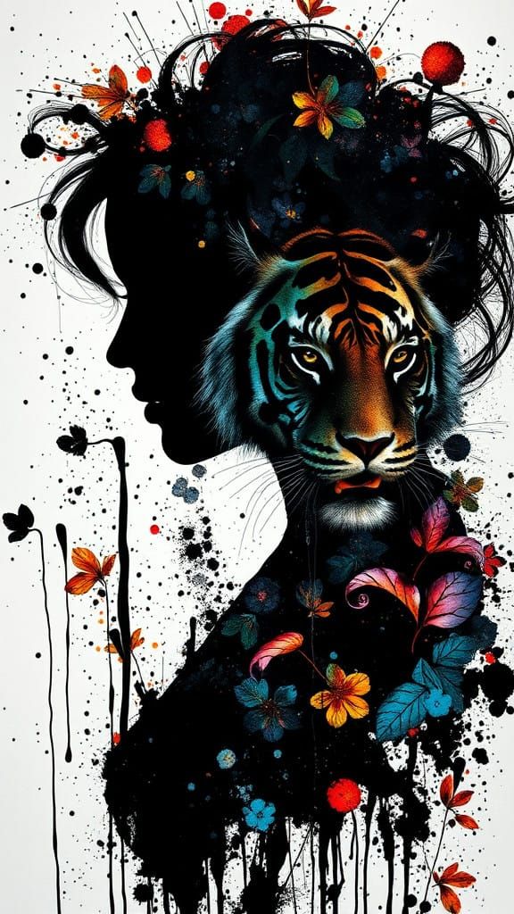 Ethereal Portrait of a Woman with a Tiger Queen Inside Her S...