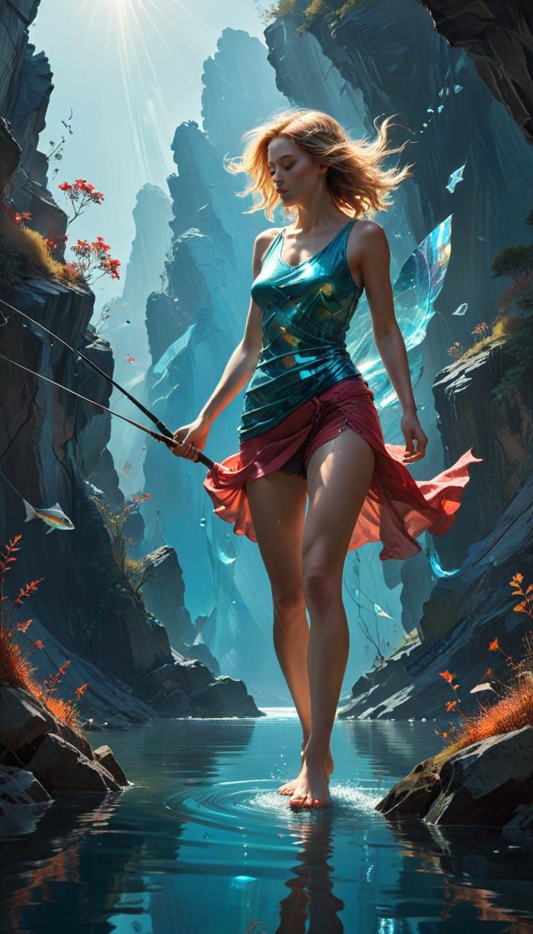 Silhouette of Woman Fishing in Abstract Landscape