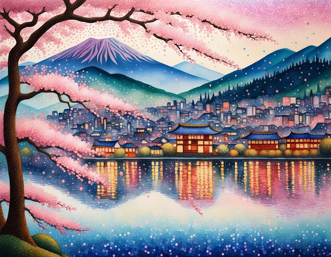 Japanese City in Pointillism Style with Sakura Tree
