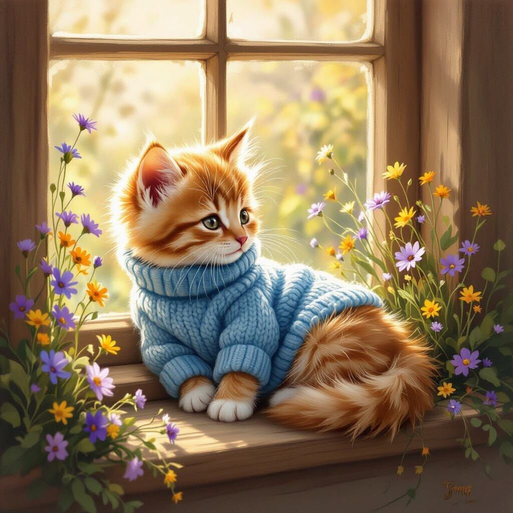 Fluffy Kitten in Blue Sweater on Sunlit Windowsill