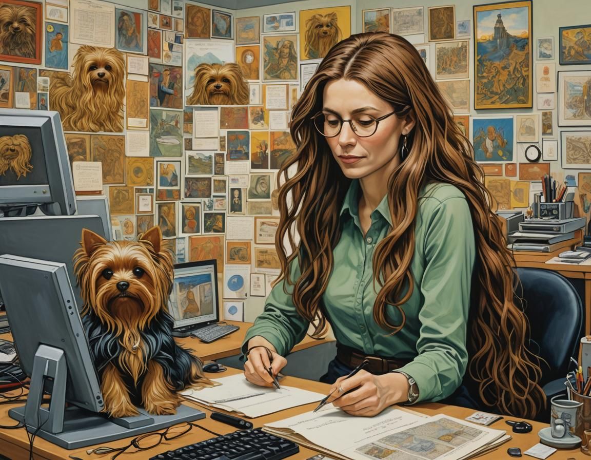 Woman with Yorkie in Office: Art Brut Style