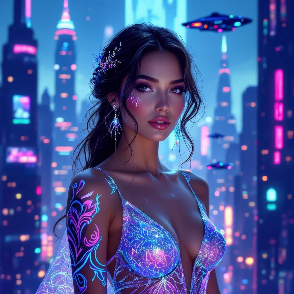 Bioluminescent Woman in Cyberpunk Cityscape