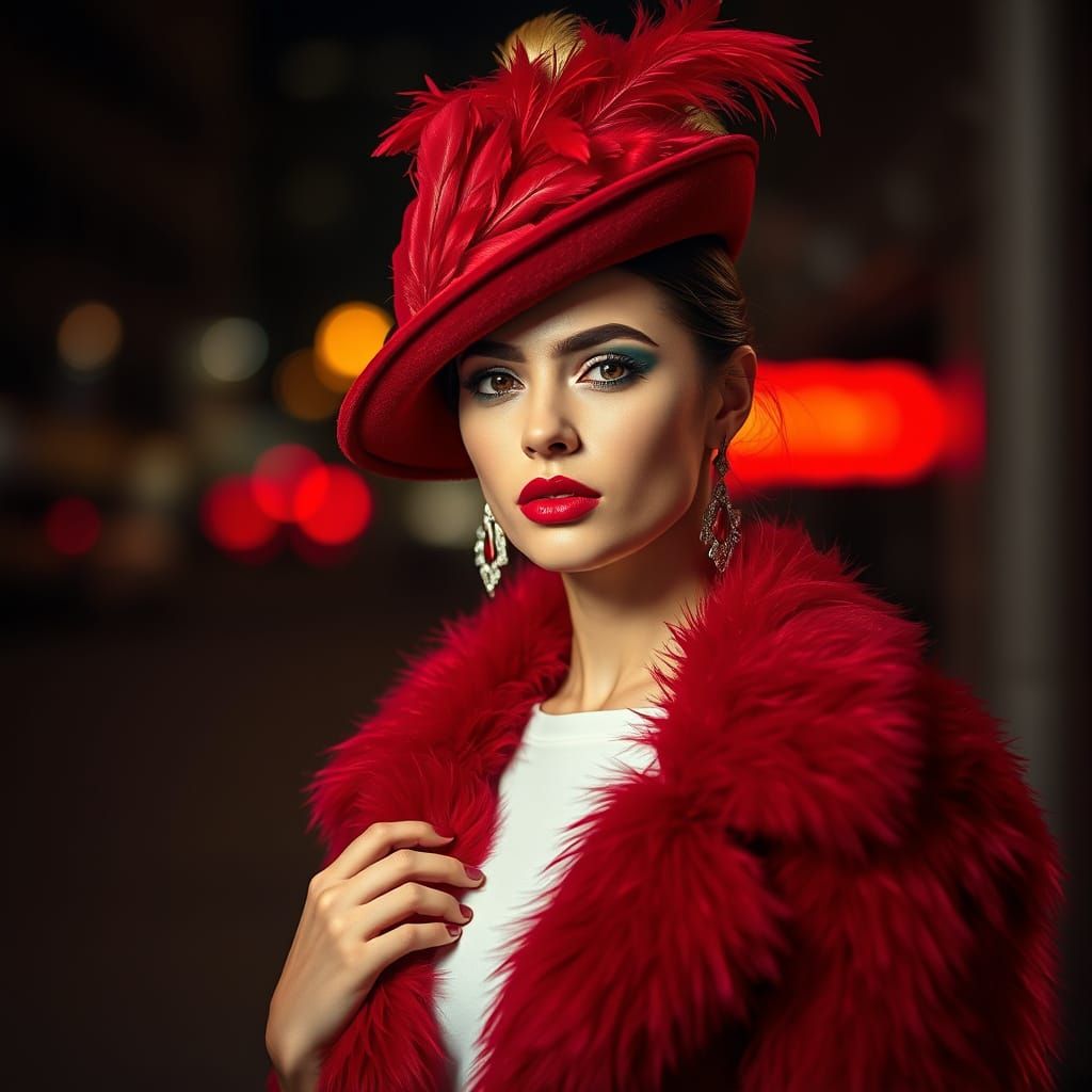 Glamorous Woman in Red Velvet Hat, Fashion Photography