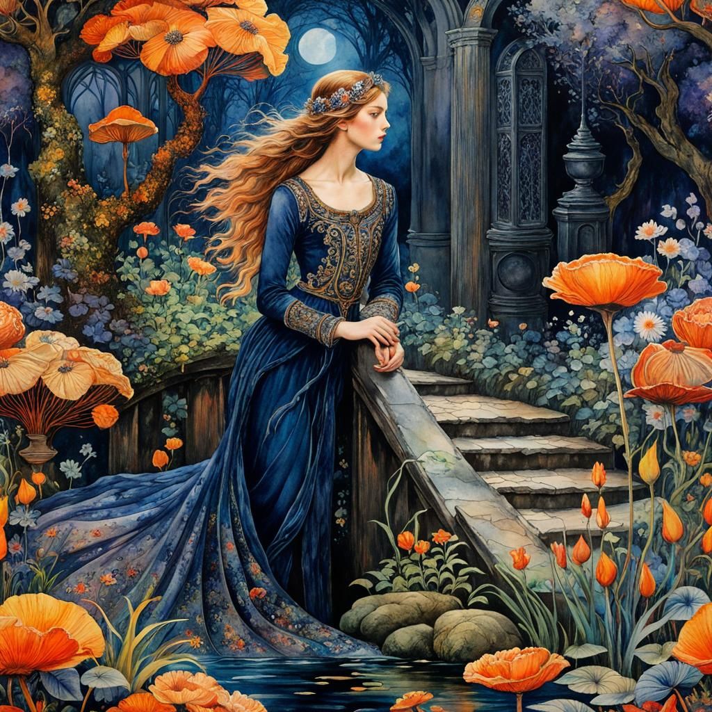 Fantasy Noir Secret Garden in Watercolour Style