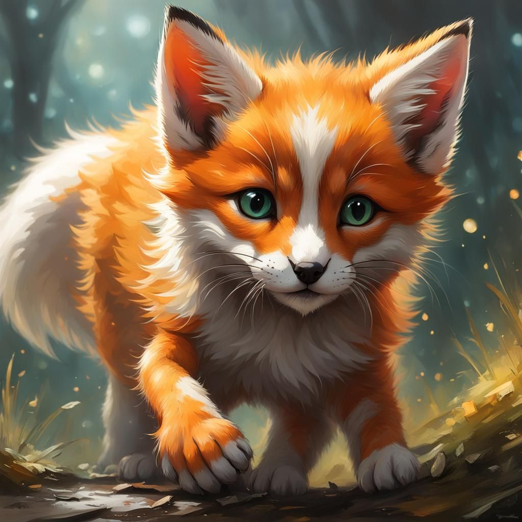 Cute Kitten and Fox Playing, Digital Art