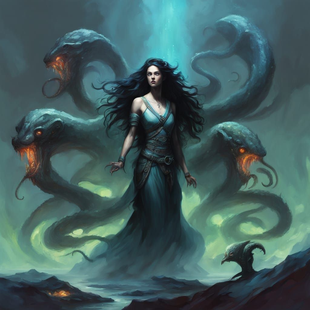 Goddess Nyra in Mariana Trench: Vibrant Oil Painting