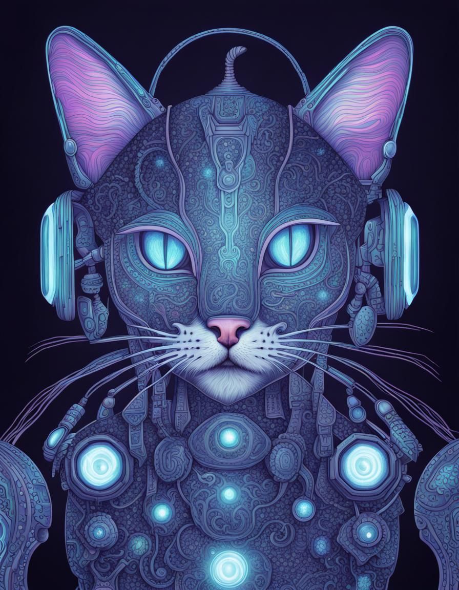 Whimsical Robot Cat Portrait in UV Light Art