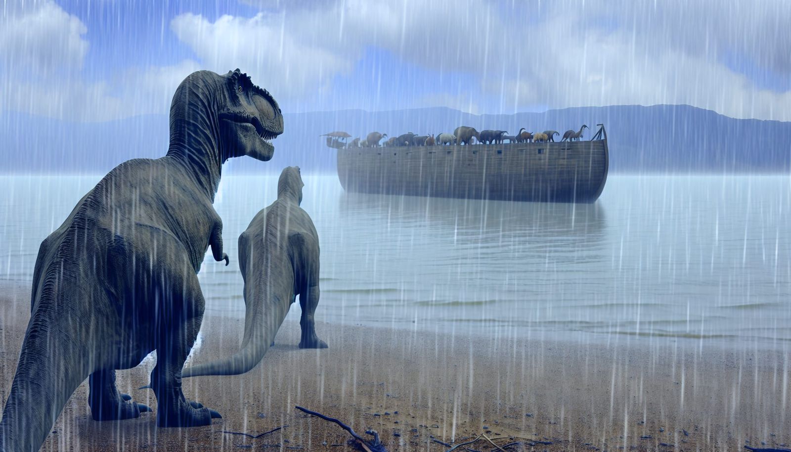 Dinosaurs Watch Ark on Rainy Shore