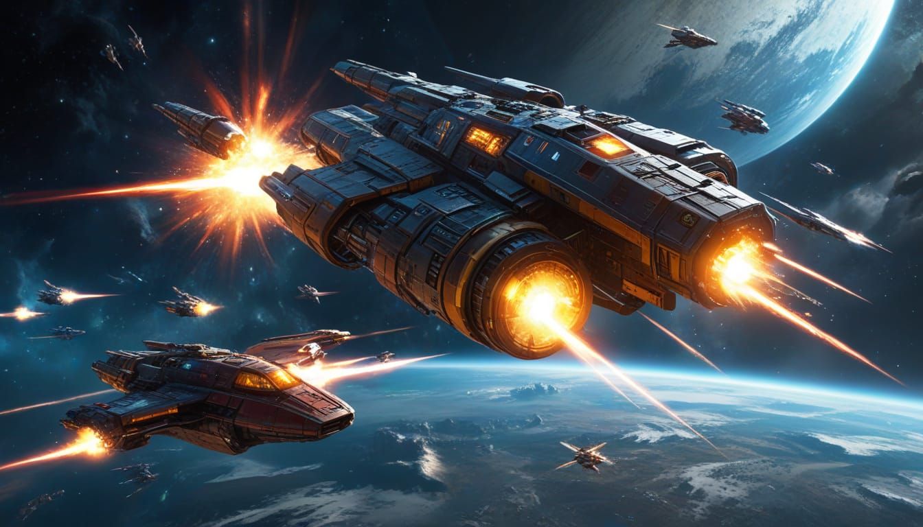 Epic Space Battle: Starships Clash Amidst Vibrant Nebula