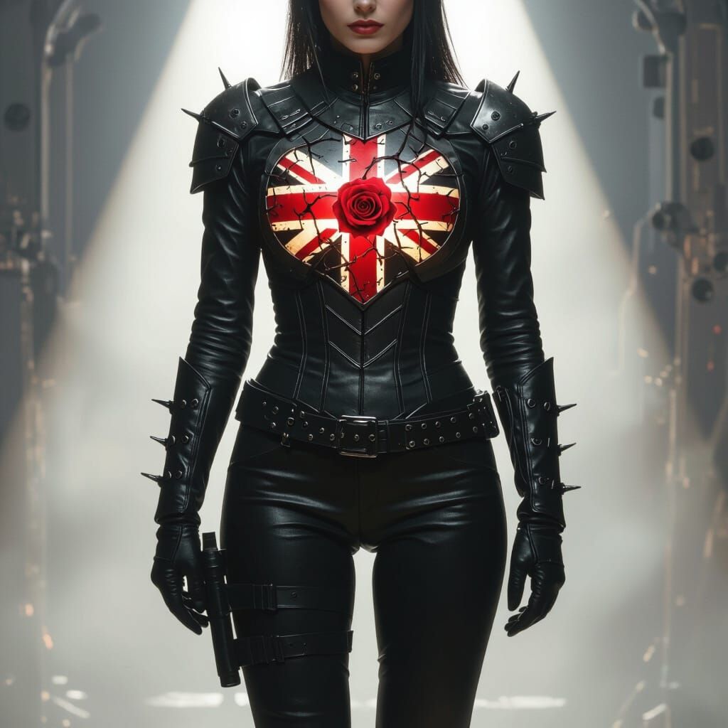 Leather-clad Figure with Fractured English Flag Emblem
