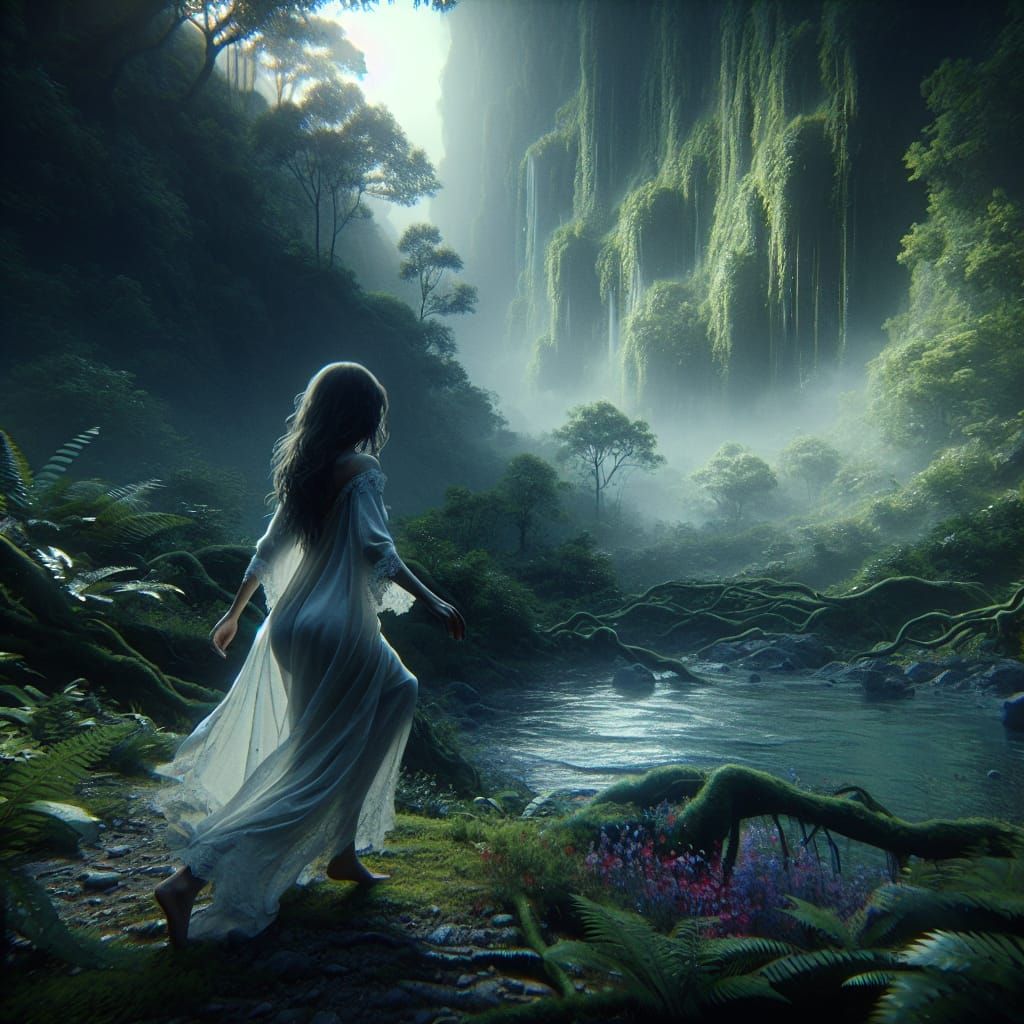 Woman in White Nightgown Wandering in Wilderness