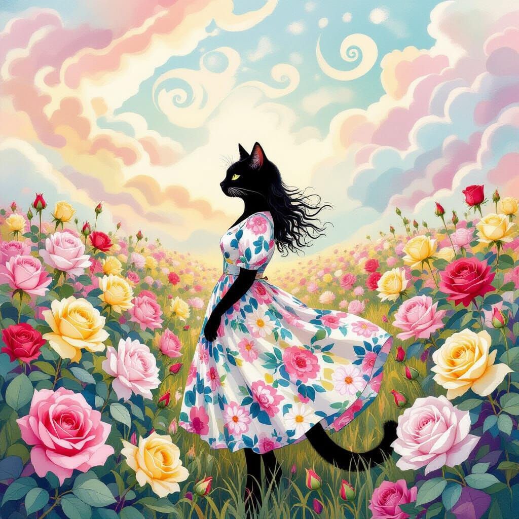 Black Cat in Floral Dress Amidst Pastel Roses